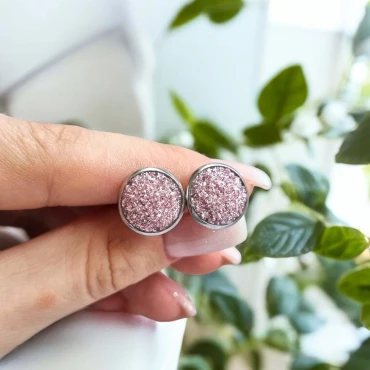 Cercei cu surub, mini Geode glitter • PINK FRAME • Oțel Inoxidabil
