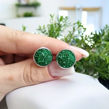 Cercei cu surub, mini Geode glitter • GREEN FRAME • Oțel Inoxidabil