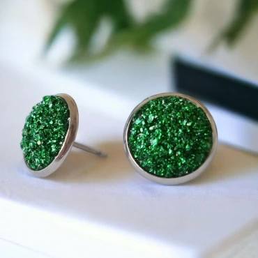 Cercei cu surub, mini Geode glitter • GREEN FRAME • Oțel Inoxidabil