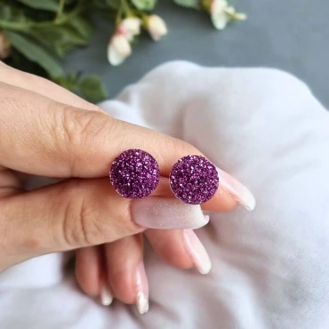 Cercei cu surub, mini Geode glitter • DEEP FUCHSIA • Oțel Inoxidabil