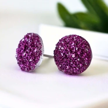 Cercei cu surub, mini Geode glitter • DEEP FUCHSIA • Oțel Inoxidabil
