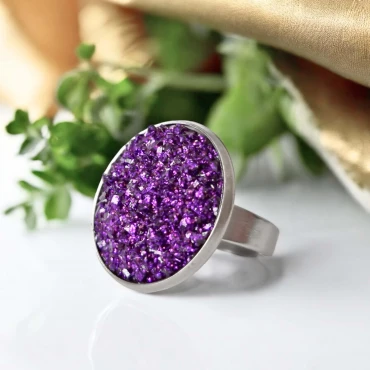 Inel ajustabil, Geode Glitter • PURPLE FRAME • Oțel Inoxidabil