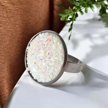 Inel ajustabil, Geode Glitter • WHITE FRAME • Oțel Inoxidabil
