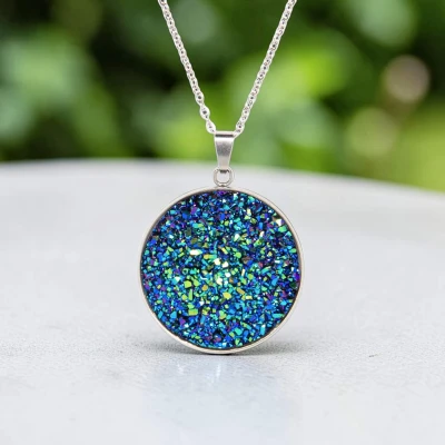 Pandantiv cu lantisor, Geode glitter • NIGHT FRAME • Oțel Inoxidabil
