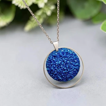 Pandantiv cu lantisor, Geode glitter • BLUE P • Oțel Inoxidabil