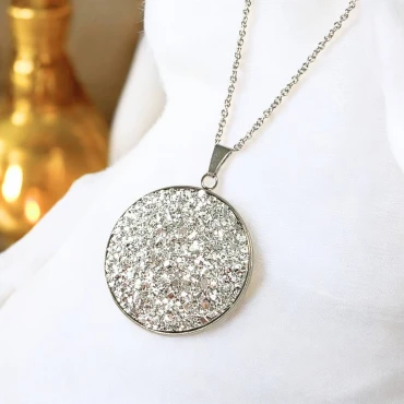 Pandantiv cu lantisor, Geode glitter • SILVER MAY FRAME • Oțel Inoxidabil