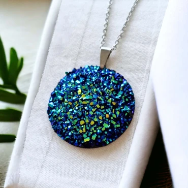 Pandantiv cu lantisor, Geode glitter • NIGHT • Oțel Inoxidabil