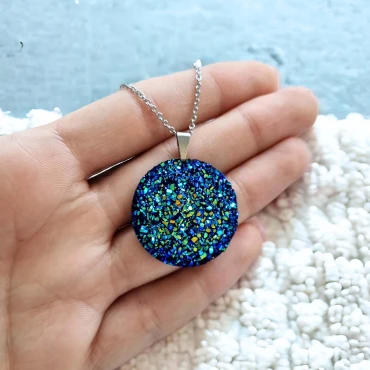Pandantiv cu lantisor, Geode glitter • NIGHT • Oțel Inoxidabil