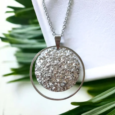 Pandantiv cu lantisor, Geode glitter • SILVER MAY P • Oțel Inoxidabil