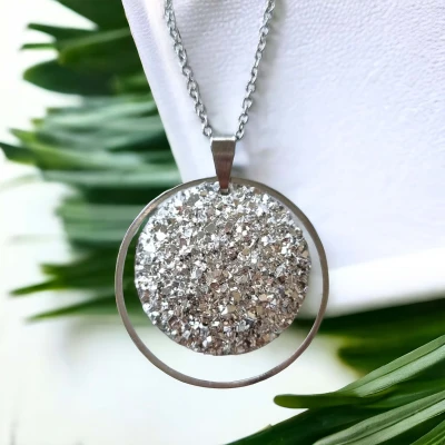 Pandantiv cu lantisor, Geode glitter • SILVER MAY P • Oțel Inoxidabil
