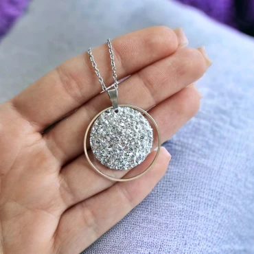 Pandantiv cu lantisor, Geode glitter • SILVER MAY P • Oțel Inoxidabil