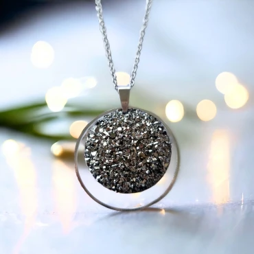 Pandantiv cu lantisor, Geode glitter • GRAY • Oțel Inoxidabil