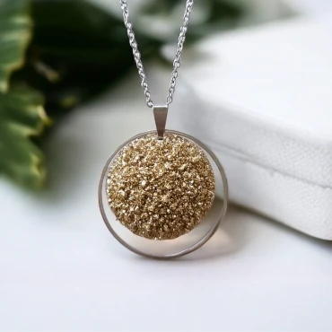 Pandantiv cu lantisor, Geode glitter • GOLDEN • Oțel Inoxidabil