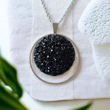 Pandantiv cu lantisor, Geode glitter • NEGRU • Oțel Inoxidabil