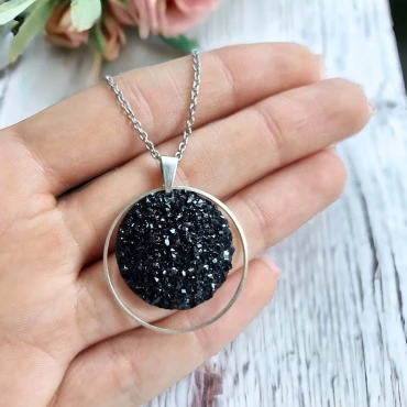 Pandantiv cu lantisor, Geode glitter • NEGRU • Oțel Inoxidabil