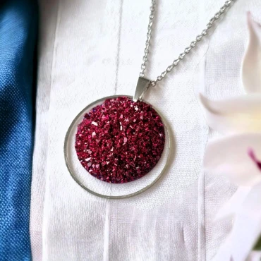 Pandantiv cu lantisor, Geode glitter • MAGENTA P • Oțel Inoxidabil
