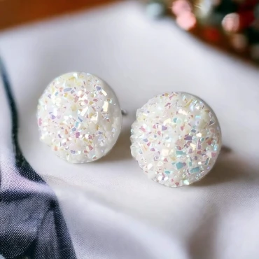 Cercei cu șurub, mini Geode glitter • WHITE • Oțel Inoxidabil
