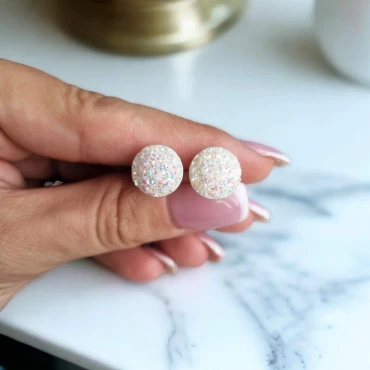 Cercei cu șurub, mini Geode glitter • WHITE • Oțel Inoxidabil