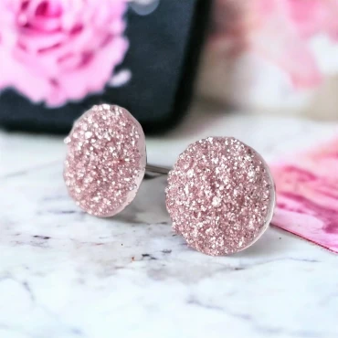 Cercei cu șurub, mini Geode glitter • ROZ • Oțel Inoxidabil