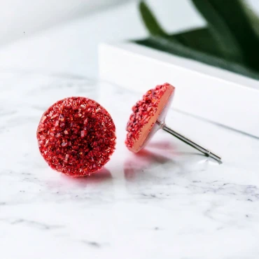 Cercei cu surub, mini Geode glitter • RED • Oțel Inoxidabil