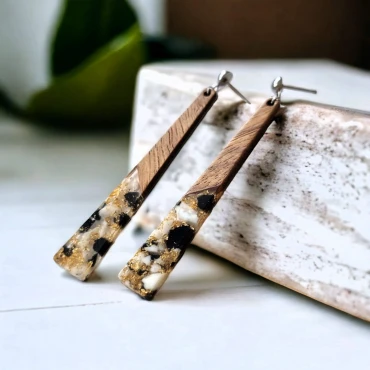 Cercei cu Foită de Aur si Lemn • GOLDEN WOOD • Oțel Inoxidabil