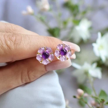 Cercei cu șurub, floare din rașină • PURPLE FLORA • Oțel Inoxidabil