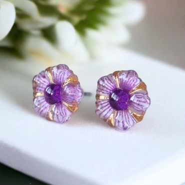 Cercei cu șurub, floare din rașină • PURPLE FLORA • Oțel Inoxidabil