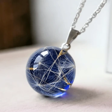 Pandantiv semi-sferă 20mm cu Păpădie în rășină • HALF BLUE • Oțel Inoxidabil