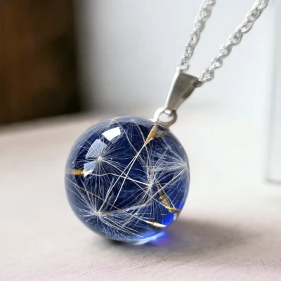 Pandantiv semi-sferă 20mm cu Păpădie în rășină • HALF BLUE • Oțel Inoxidabil